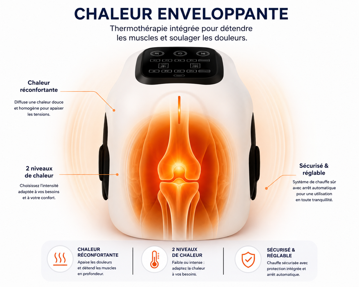 Chaleur enveloppante du masseur de genou Kovela : thermothérapie intégrée à deux niveaux réglables