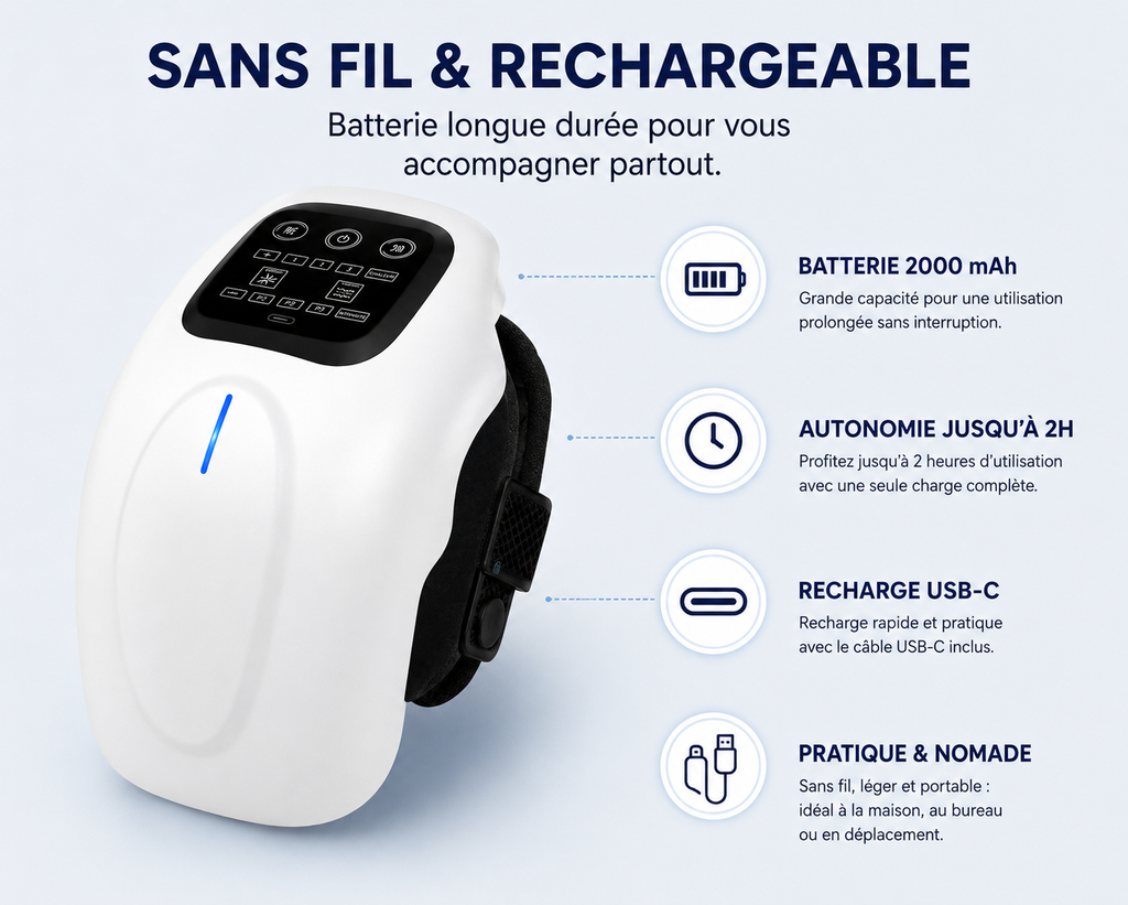 Kovela masseur de genou - batterie longue durée et recharge USB-C