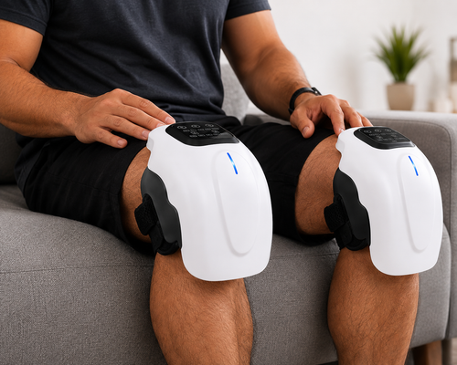 Homme assis sur un canapé portant deux masseurs de genou Kovela, un sur chaque genou